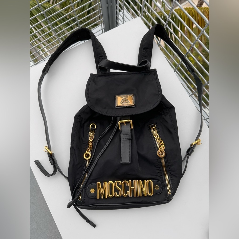 Moschino Couture Black Nylon Leather Gold Chain Backpack
